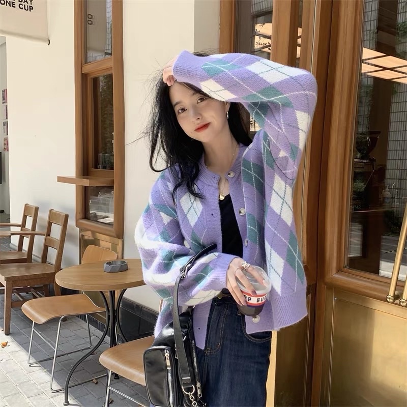 Áo khoác len Cardigan hoạ tiết màu tím ullzang