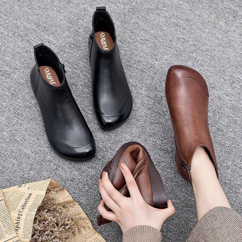 Hàng Có Sẵn Giày Bốt Martin Da Mềm Đế Bằng Chống Trượt Có Khóa Kéo Bên Hông size Lớn Cho Nữ