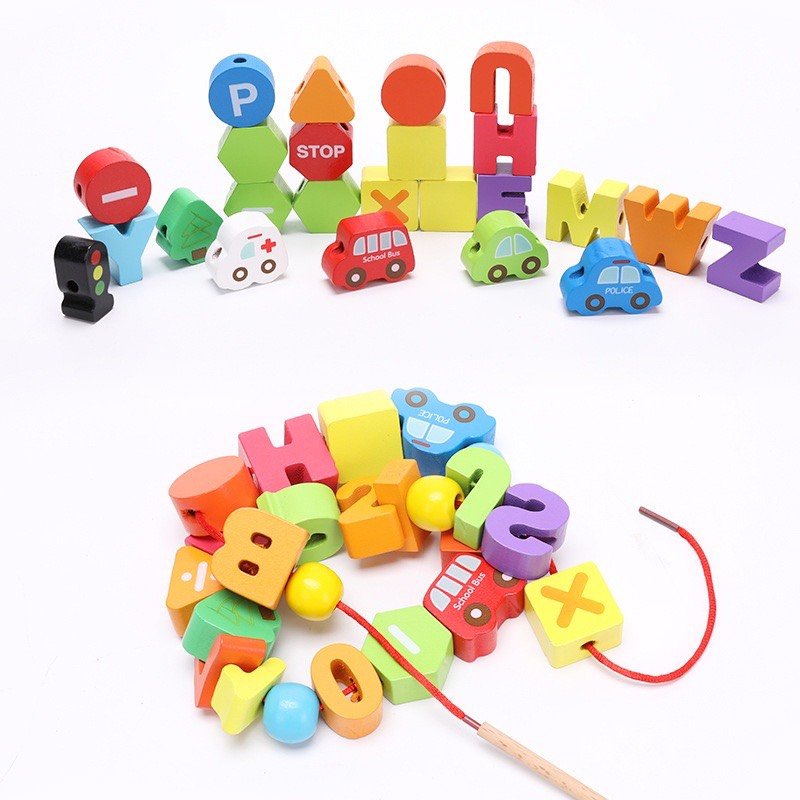 Xâu luồn hạt chữ số kèm phương tiện giao thông bằng gỗ chất liệu đẹp an toàn cho bé từ 3-6 tuổi