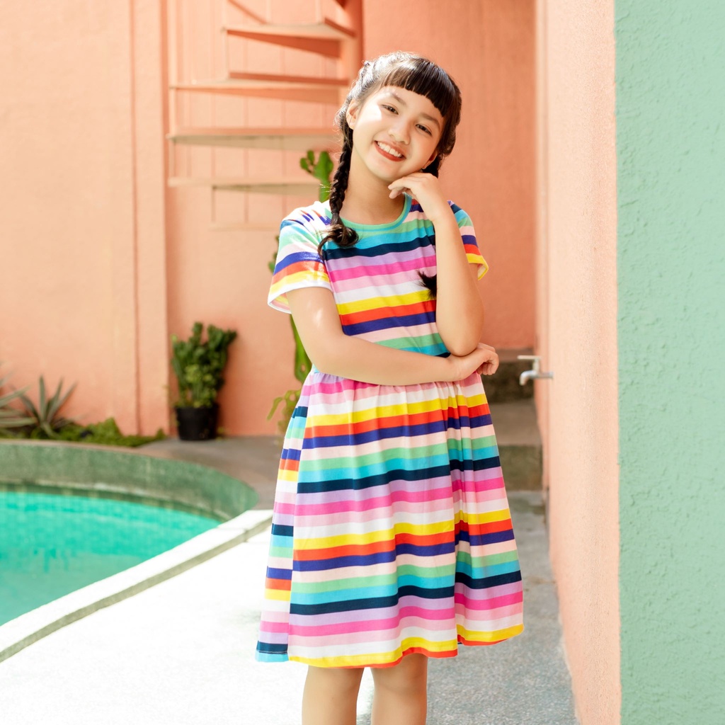 Đầm cho bé gái in sọc trắng, váy đầm bé gái 100% cotton thoáng mát, 20-40 kg, KYO293, K5