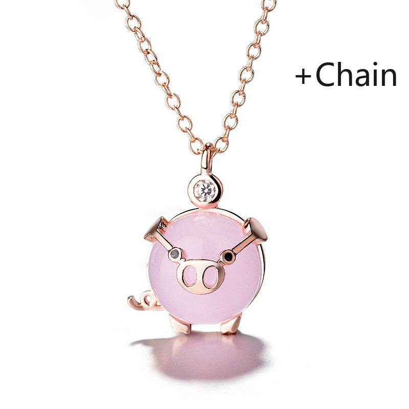 Dây chuyền bạc mặt hình chú Hợi đính pha lê màu hồng phong cách Trung Hoa dành cho bạn nữ