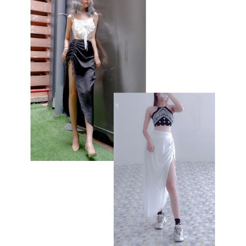 Chân váy lụa rút dây màu trắng và đen HCV20 Hỉn Hỉn Store