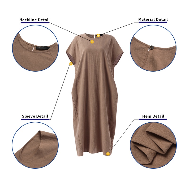 ZANZEA Đầm Dài Tay Ngắn Cổ Tròn Màu Trơn Phong Cách Cổ Điển Đơn Giản Thời Trang Cho Nữ