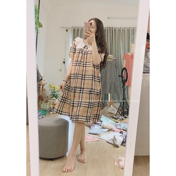 Váy Bầu Trẻ Đẹp Kẻ Bbr Kết Hợp Cổ Ren, Hàng Thiết Kế Cực Xinh- Chất Mềm Mát Mặc Nhẹ Tênh V30