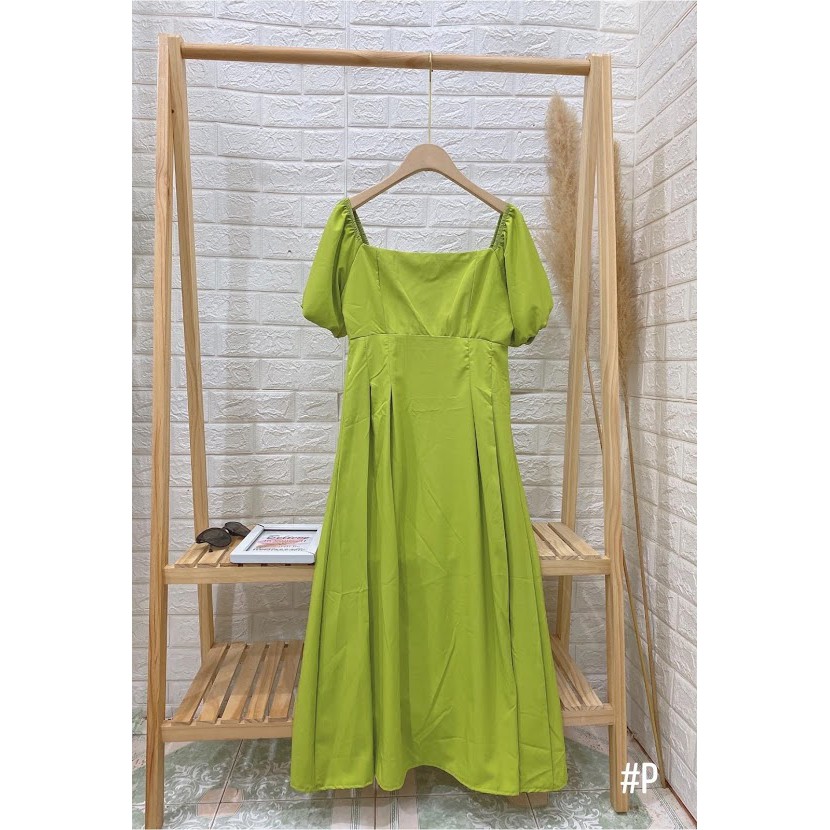 Váy maxi xanh cổ vuông tay bồng