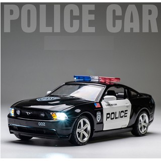 Ô tô cảnh sát Ford Mustang GT / Challenger bằng sắt có đèn và âm thanh tỉ lệ 1:32 đồ chơi trẻ em