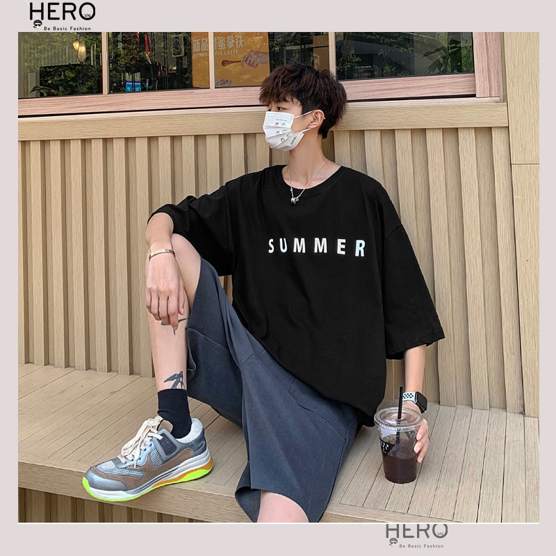 [100 COTTON] Áo Phông Form Rộng Tay Lỡ Nam Nữ Phong Cách Hàn Quốc Thời Trang HERO AP12 Màu Đen Trắng In Chữ Summer  ---