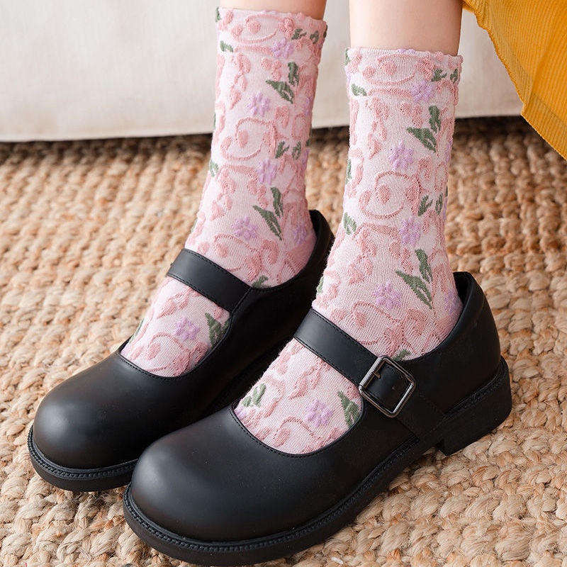 Vớ Cotton ống vừa họa tiết hoa thiết kế mới thời trang theo phong cách nhật hàn cho nữ