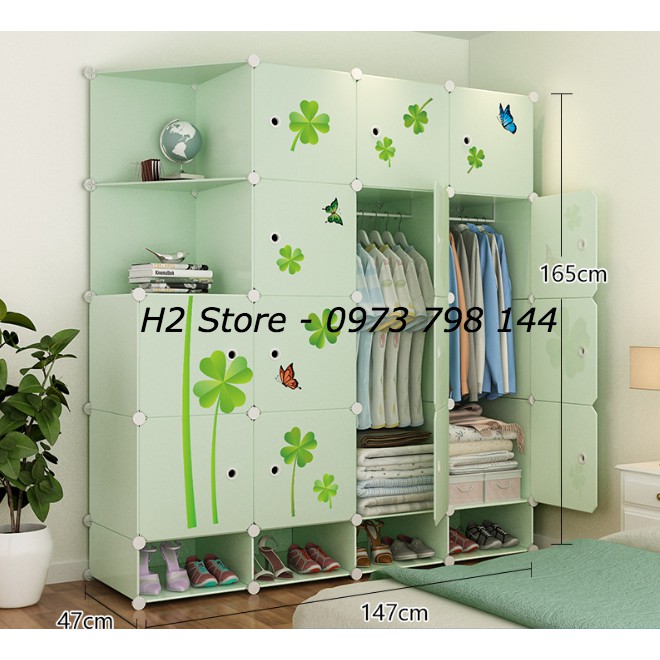 TỦ NHỰA LẮP GHÉP 16 Ô + 4 GIÀY (GỒM 2 KỆ GÓC) CỬA CỎ 4 LÁ ĐỂ ĐỒ ĐA NĂNG THÔNG MINH sâu 47cm