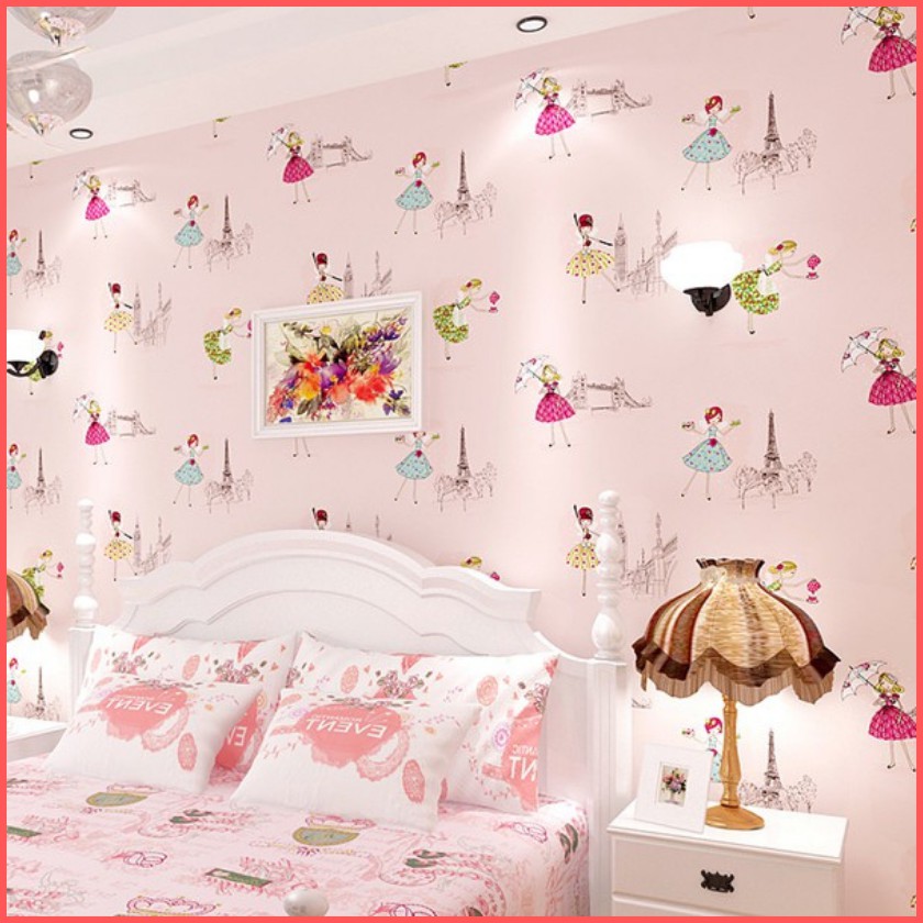 Giấy dán tường cô gái khổ rộng 45cm có sẵn keo, decal giấy dán tường phòng ngủ cho bé gái màu hồng dễ thương - Lala Mart