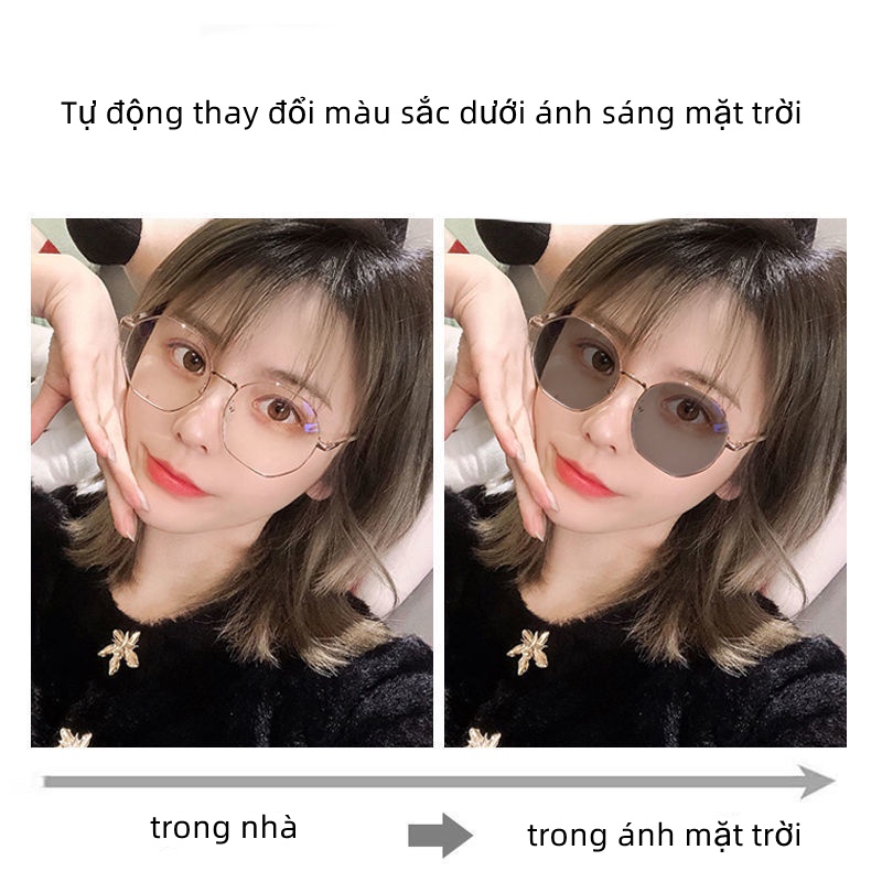 kính đổi màu+kính cận có độ 0.5~6.0 ，Mắt kính gọng vuông đổi màu chống ánh sáng xanh 0-6.0 độ cho nam nữ，kính thời trang nữ，gọng kính cận kim loại