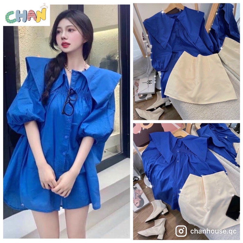 Áo Sơ Mi Xanh Cổ Thuyền Phong Cách Ulzzang Hàn Quốc, Áo Bánh Bèo Hottrend Nữ Babydoll Chan House