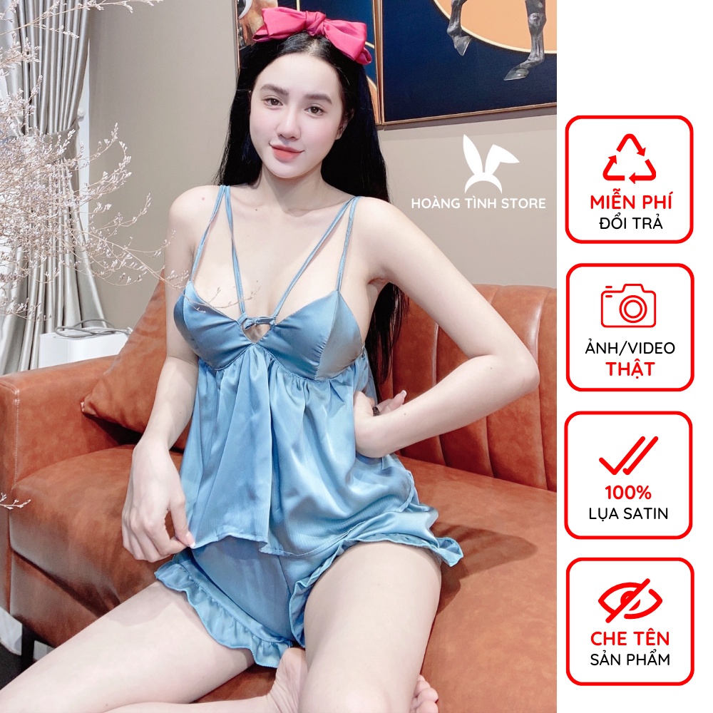 Đồ bộ nữ mặc nhà gợi cảm lụa satin cao cấp mềm mại Hoàng Tình Store hở ngực cột dây nơ quyến rũ Freesize