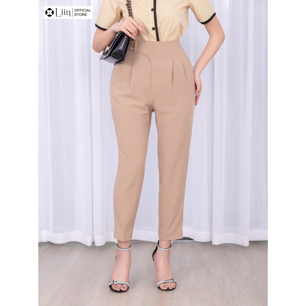 Quần tây nữ dáng dài Linbi màu be phối cạp chéo hiện đại, thanh lịch Liin clothing Q3444