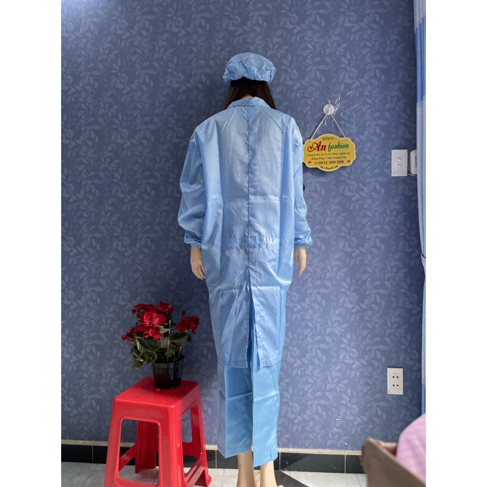 Áo Blouse phòng sạch chống tĩnh điện màu xanh gài nút dùng trong phòng lab _ Hình chụp thật