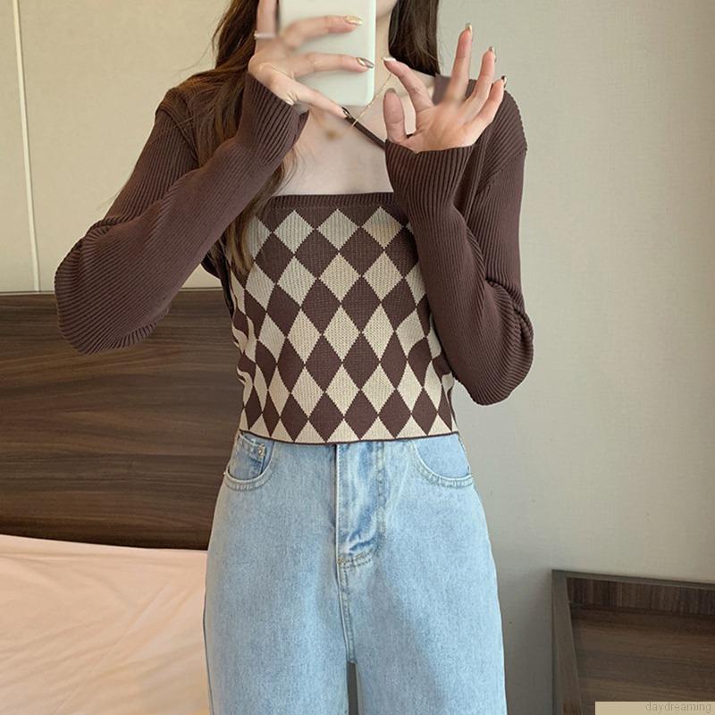 Áo hai dây và áo khoác cardigan dệt kim phong cách mùa thu cho nữ