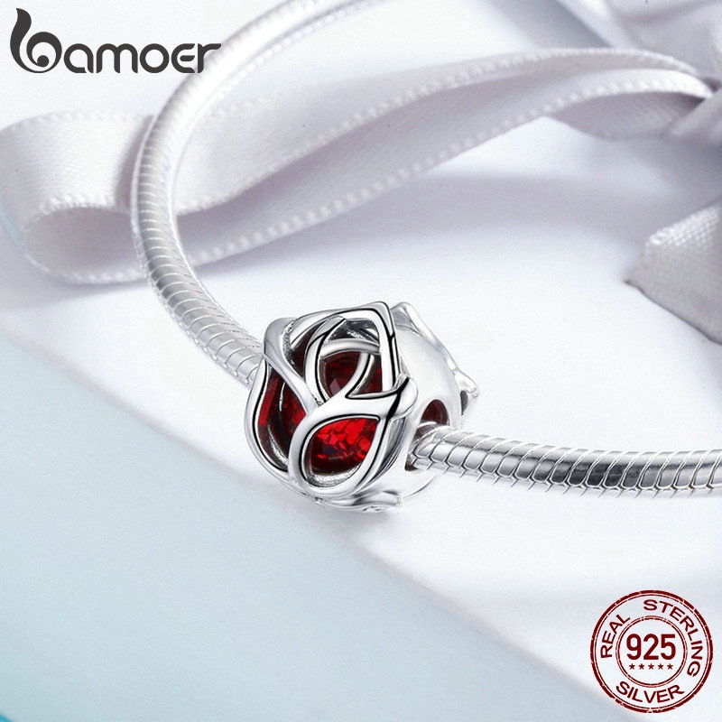 Mặt Trang Sức BAMOER SCC568 Bạc 925 Khắc Hình Hoa Đính Đá Màu Đỏ Tinh Tế Sang Trọng