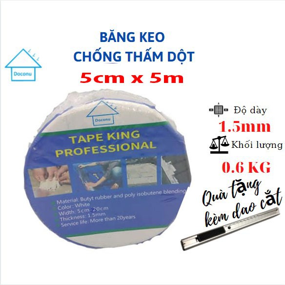 Băng keo chống thấm siêu dính DOCONU 5cm x 5m, keo dày 1.5mm, nặng 0.6 kg. [CAM KẾT BẢO HÀNH 1 ĐỔI 1]