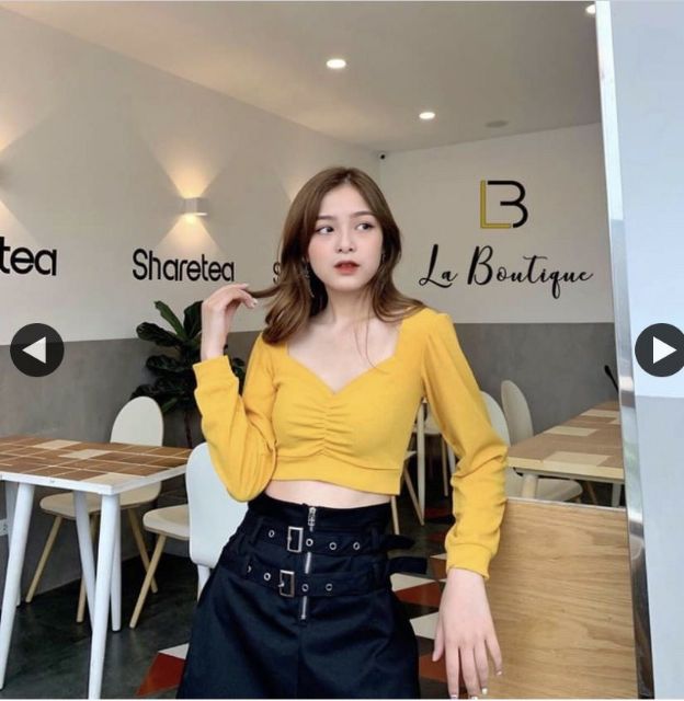 Áo CROPTOP TAY DÀI NHÚN NGỰC CỔ RỘNG BO TAY