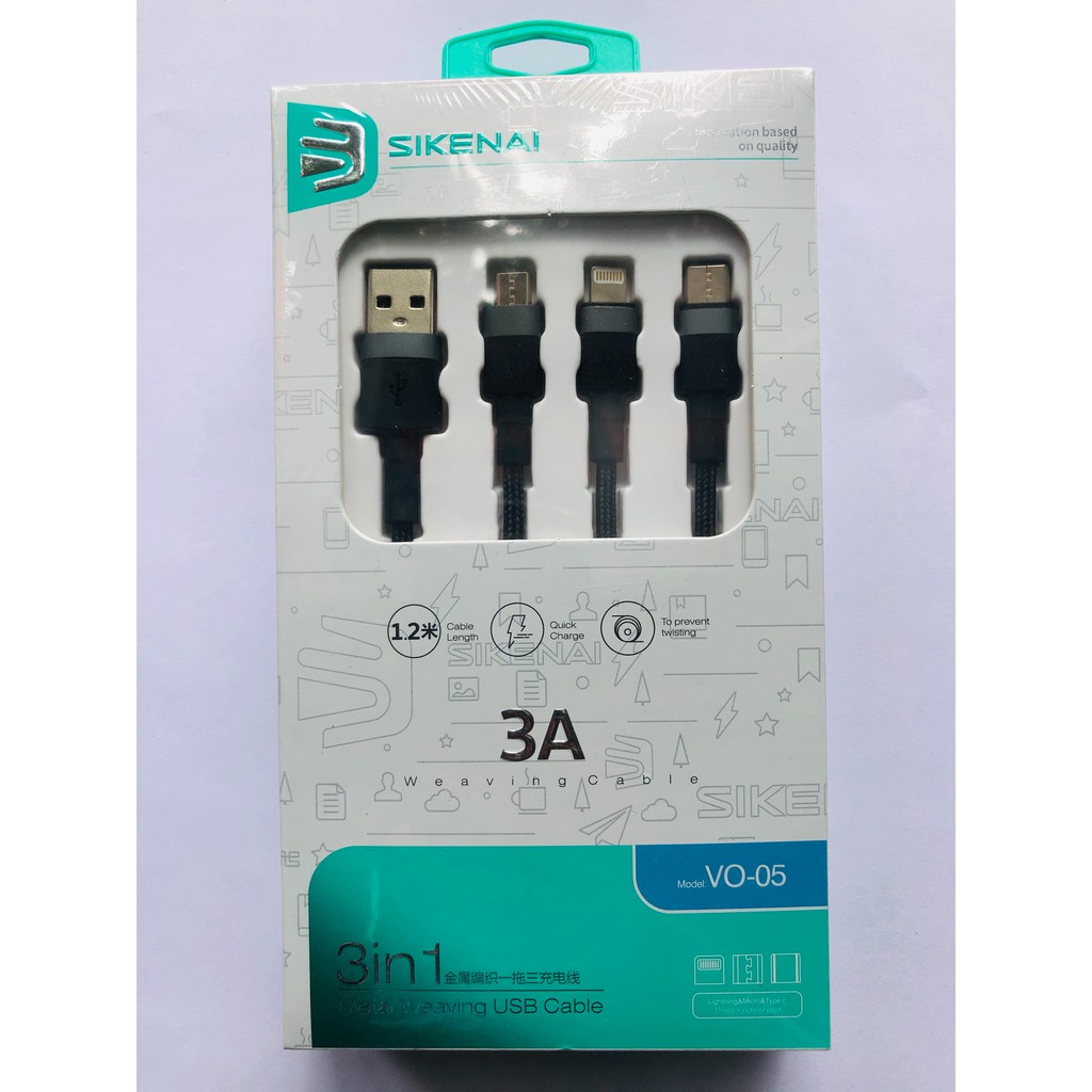 Cáp Sạc Nhanh 3 Đầu 3in1 SIKENAI VO-05 Chính Hãng Dùng Cho iPhone, Samsung, Oppo Bảo hành 1 đổi 1 trong 12 tháng