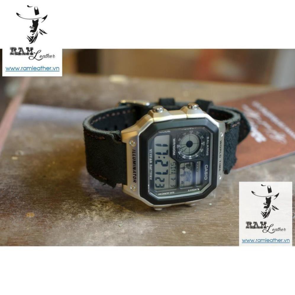 (MUA 1 ĐƯỢC 5)DÂY ĐỒNG HỒ DA BÒ THẬT CASIO AE1200/SEIKO5 RAM 1966 DA LỘN ĐEN-CHÍNH HÃNG RAM LEATHER . *