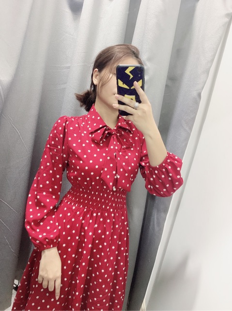 Đầm bi đỏ xoè cột nơ cổ xinh xắn - Moly Dress
