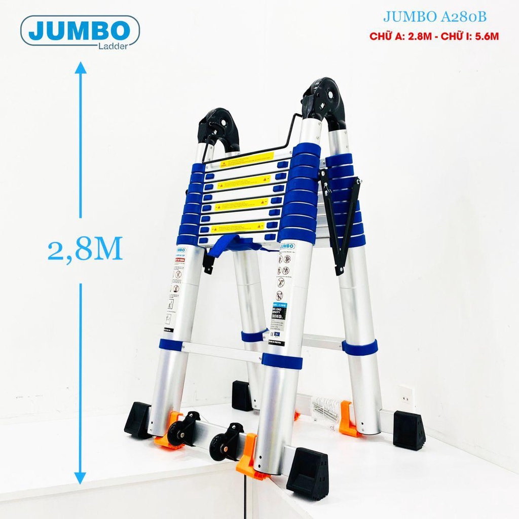 Thang rút nhôm chữ A cao cấp JUMBO A280B Cao 2.8 - 5.6 Mét