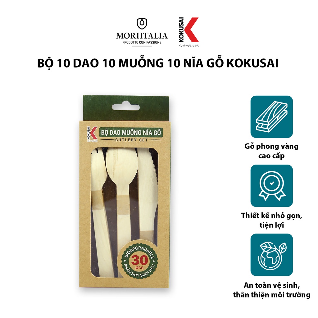 Bộ 10 dao 10 muỗng 10 nĩa gỗ KOKUSAI cao cấp Moriitalia 006194
