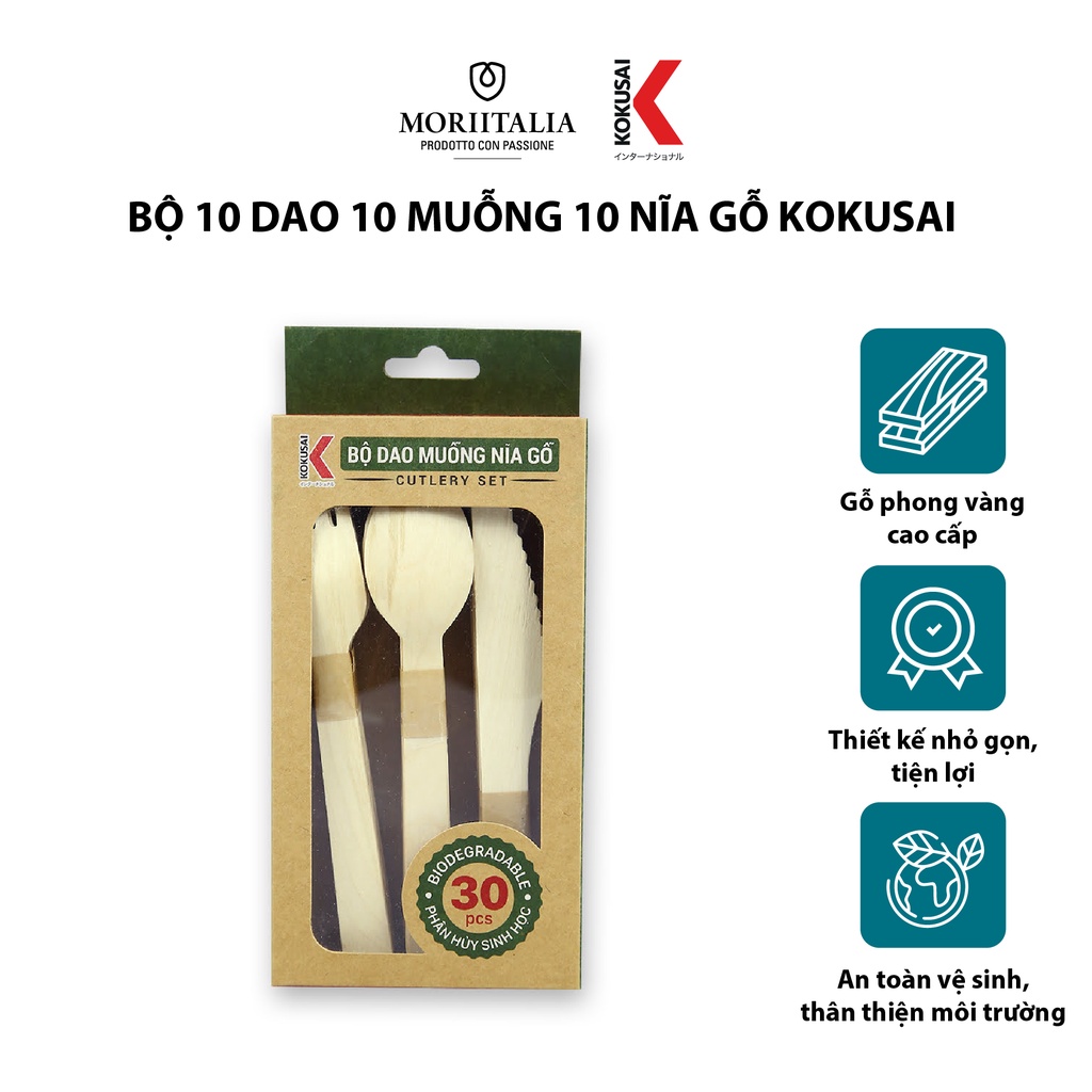 Bộ 10 dao 10 muỗng 10 nĩa gỗ KOKUSAI cao cấp Moriitalia 006194