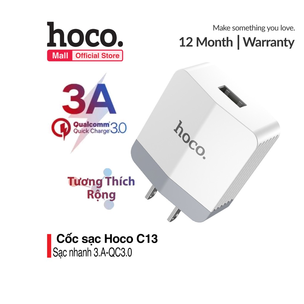 Cốc sạc Hoco C13 Công nghệ Sạc nhanh QC 3.0A-18W cổng USB tương thích rộng