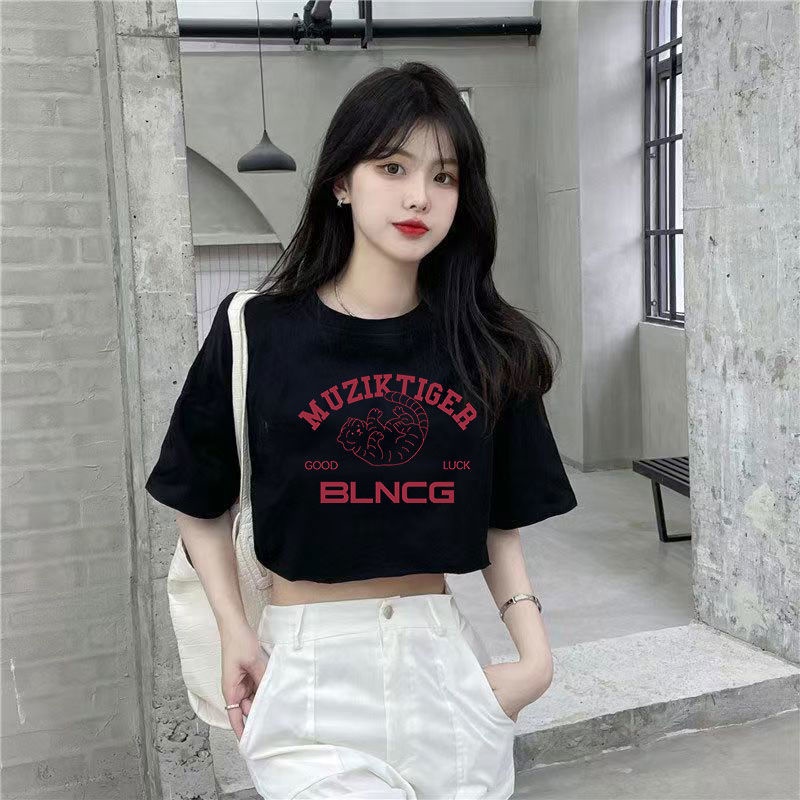 AMOI Áo Thun Cotton Tay Ngắn Lưng Cao Dáng Rộng Phong Cách Hàn Quốc Dành Cho Nữ