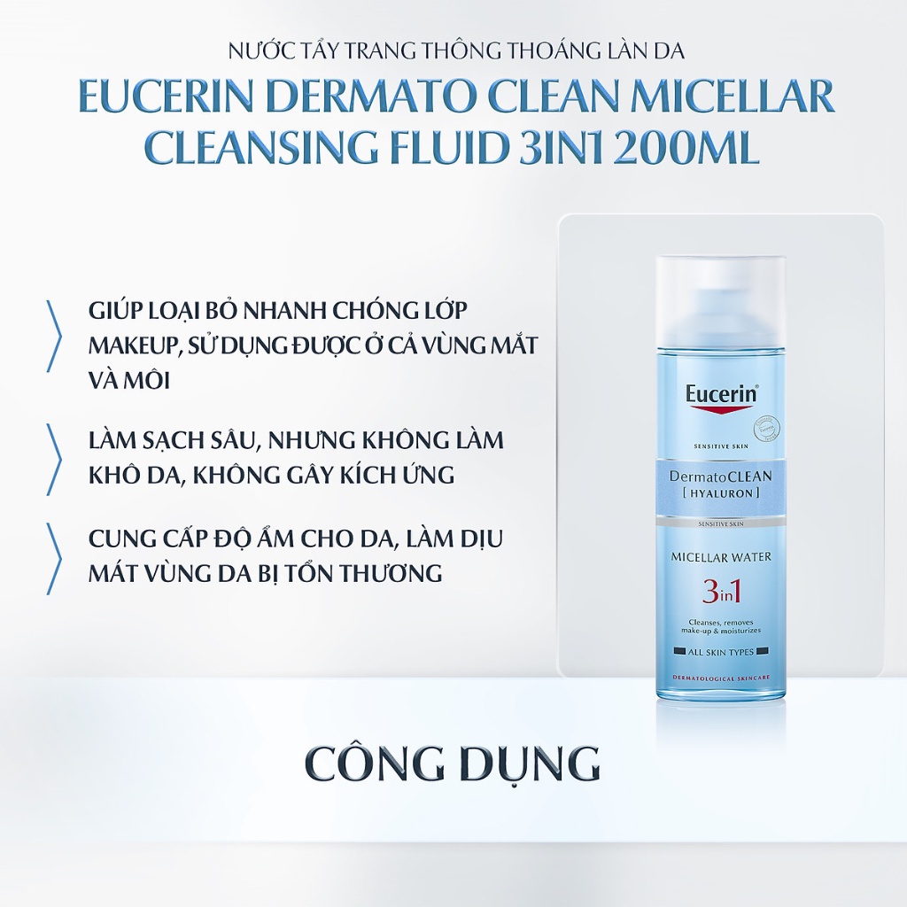 Tẩy Trang Eucerin Dermato Clean Hyaluron 3in1 Micellar Cleansing Fluid dịu nhẹ cho da nhạy cảm 200ml