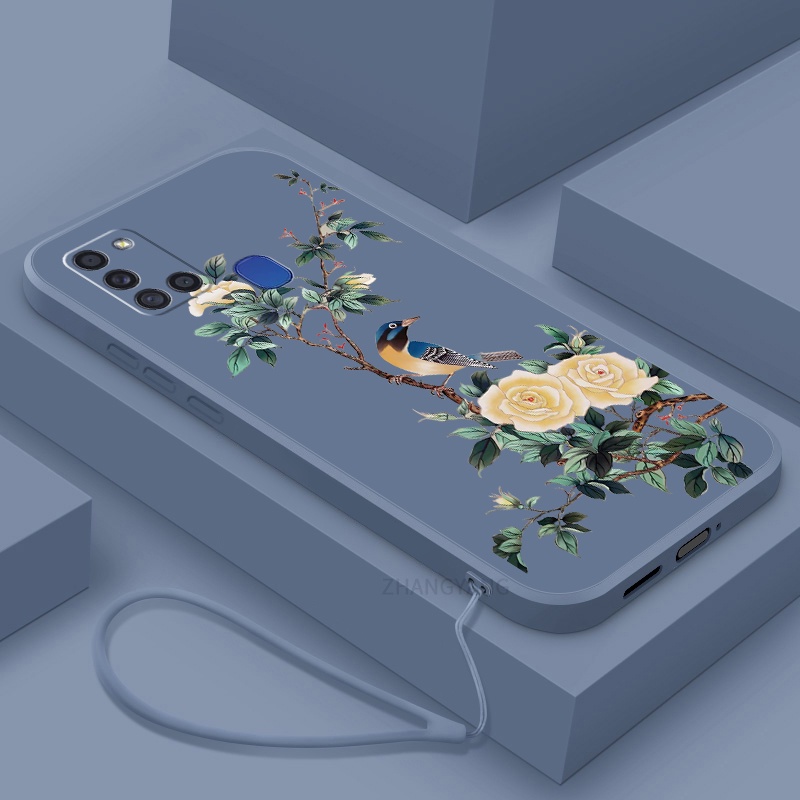 Ốp Điện Thoại TPU Mềm Họa Tiết Hoa Và Chim Có Dây Đeo Cho Samsung a21s