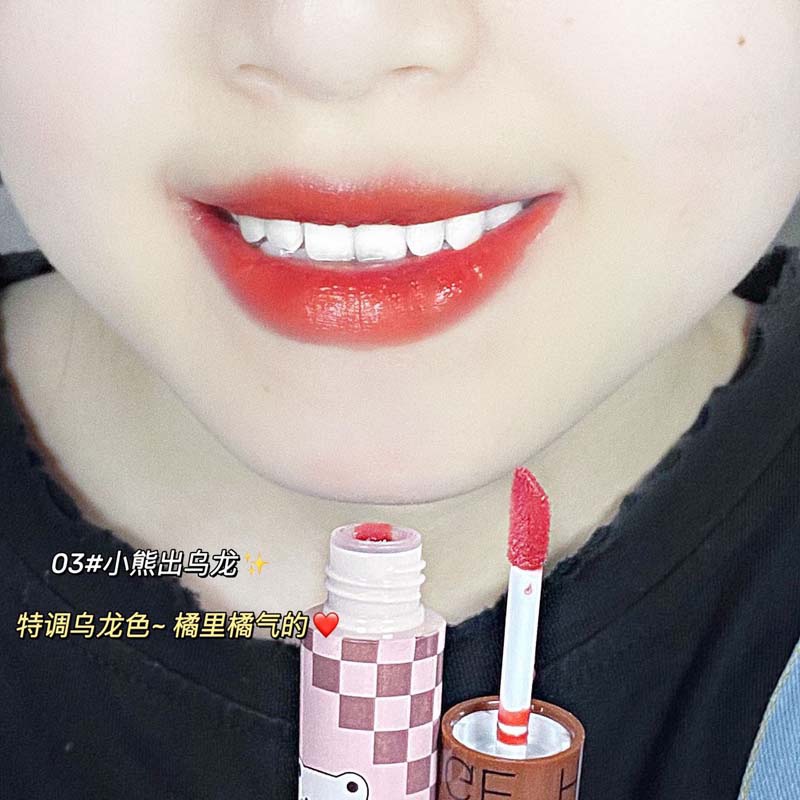 Herorange ~ Bộ Son Bóng Thủy Tinh Nước Mềm Mịn Hình Gấu Mật Ong Kẻ Caro Cho Nữ Sinh