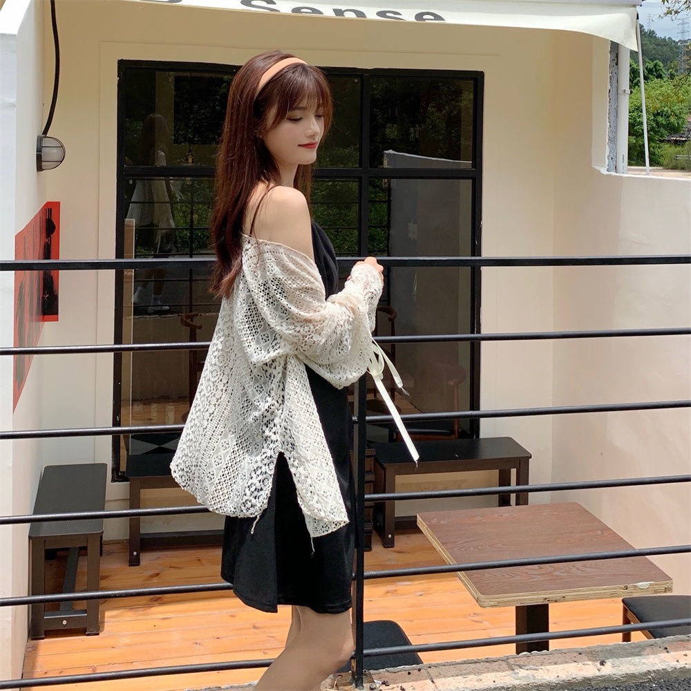 Áo Khoác Cardigan Aimeehouse áo Ren Tay Dài Dáng Rộng Nữ Tính áo ren đi biển sexy