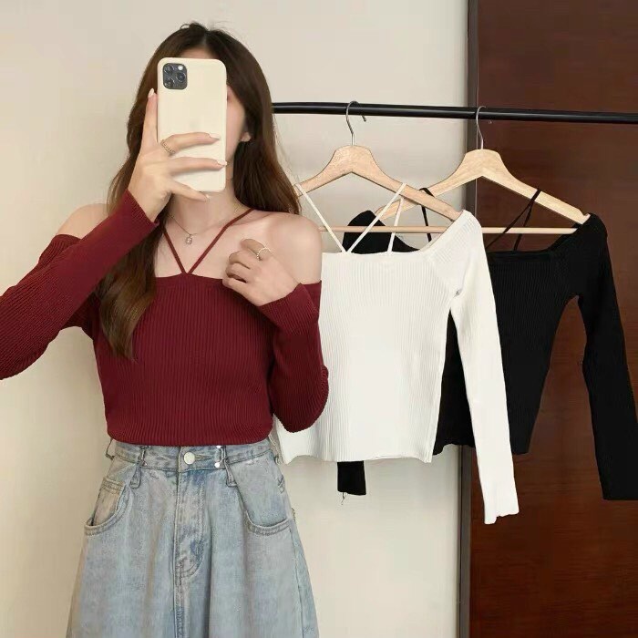 Áo Yếm Trễ Vai Tay Dài Thun Gân