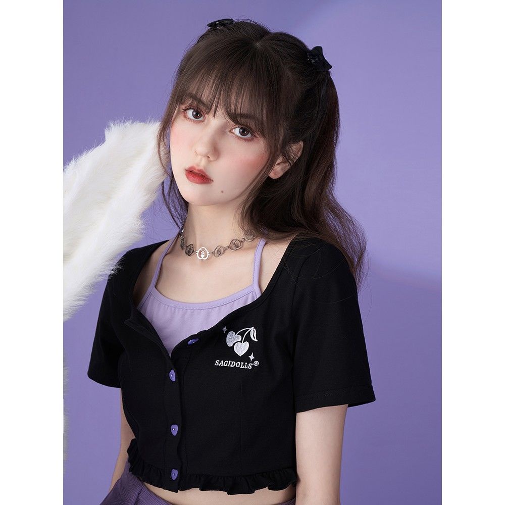 Áo Cardigan Hai Mảnh Màu Tím / Đen In Hoạ Tiết Cherry Xinh Xắn