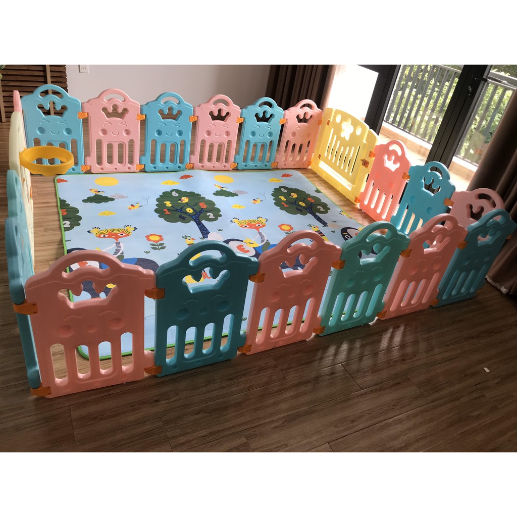 [Cao cấp] Quây cũi nhựa nguyên sinh hình vương miện 20 tấm (18+2) 1,92m x 2,29m - quây bóng - quây nhựa an toàn cho bé