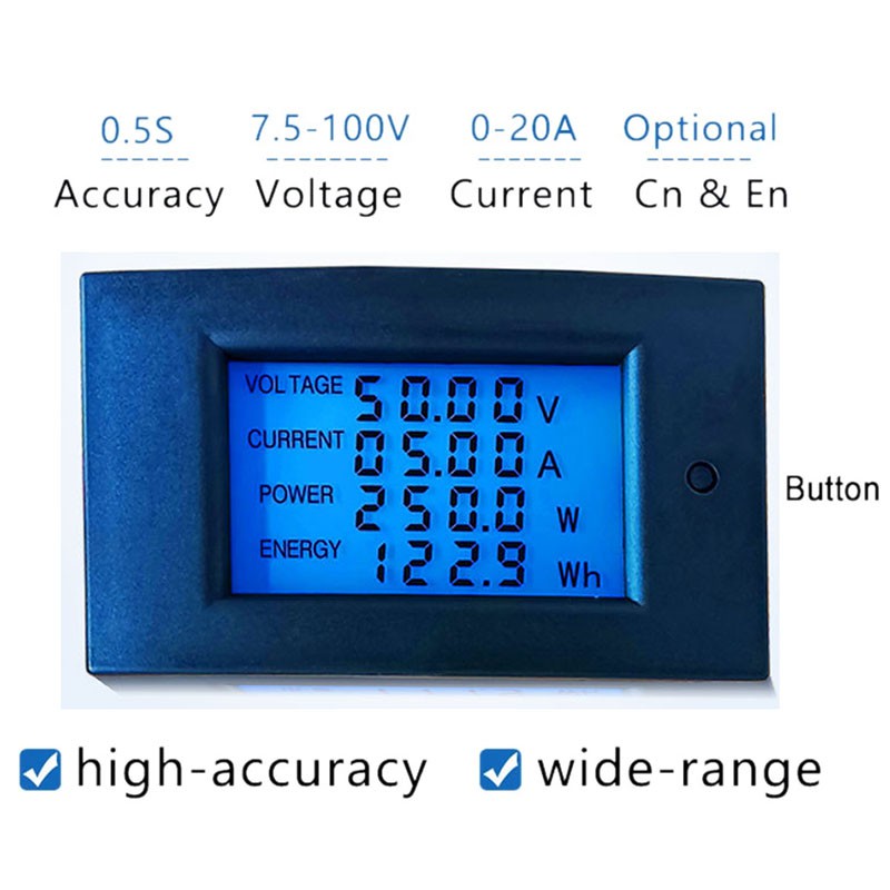 Vôn Kế Kỹ Thuật Số Màn Hình LCD 7.5 -100V 0 -20A Độ Chính Xác Cao