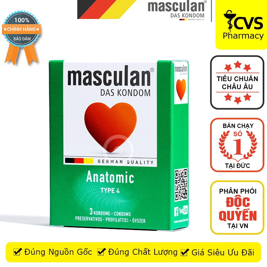 Bao cao su Masculan Anatomic tạo dáng hoàn hảo (hộp 3 cái) - cvspharmacy