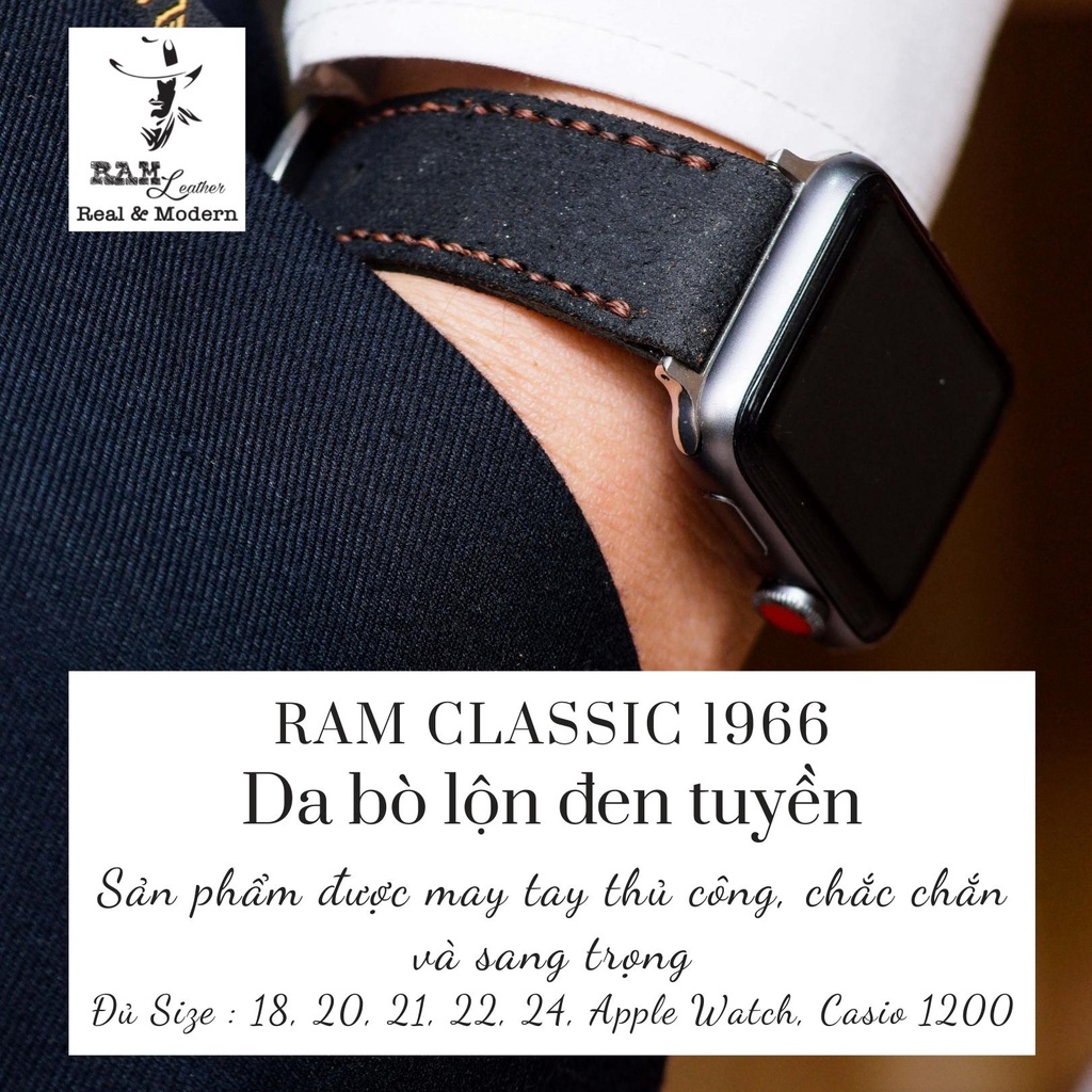 Dây đồng hồ RAM Leather vintage 1966 da bò lộn đen tuyền cao cấp