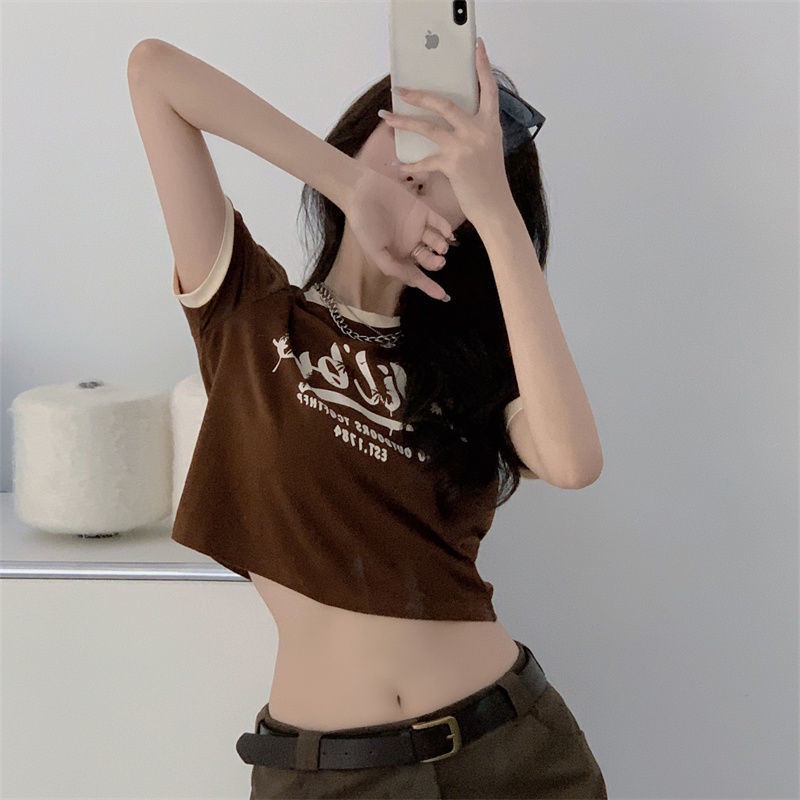 Áo Thun Ngắn Tay Trễ Vai Ôm Dáng In Chữ Phong Cách Retro Mỹ Quyến Rũ Cho Nữ