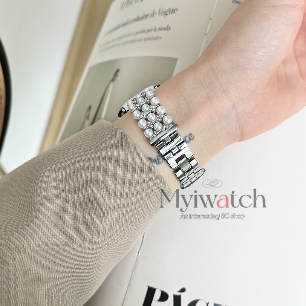 Dây Đeo Đồng Hồ Bằng Kim Loại Đính Đá Và Ngọc Trai Sang Trọng Cho Apple watch serise 7 6 5 4 SE 3 2 1 45mm 41mm 40mm 44mm 42mm 38mm