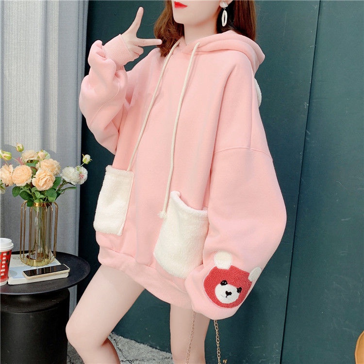 Áo Hoodie Lót Nhung Dáng Rộng In Hình Gấu Thời Trang Thu Đông Phong Cách Hàn Quốc Cho Nữ