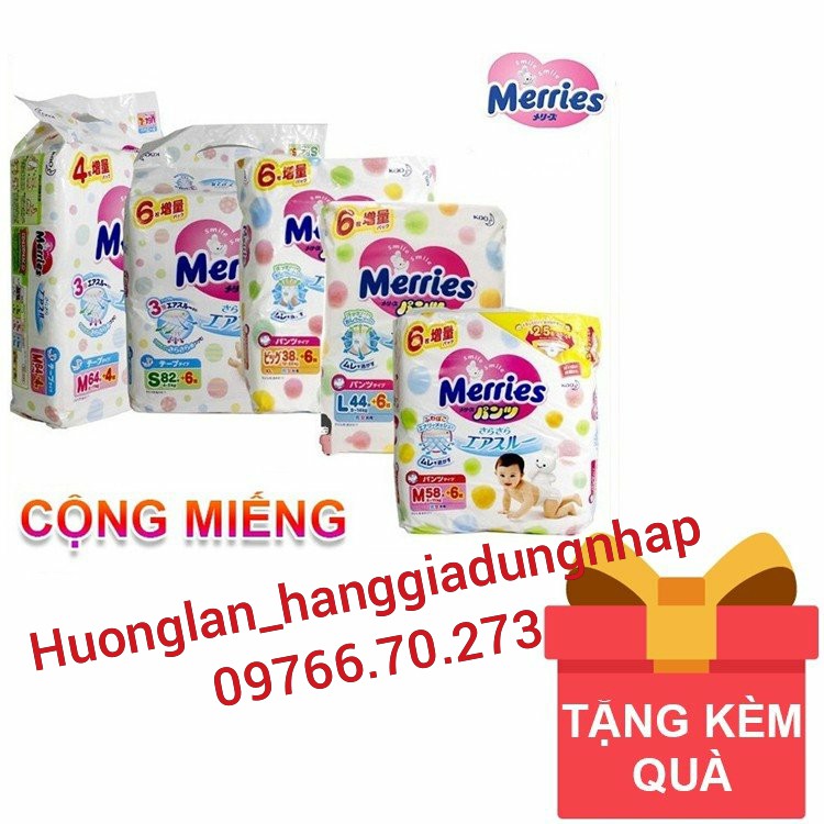 Bỉm Merries cộng miếng Nội Địa Nhật Dán/Quần size SS90-S82-M58-M64-L44-L58-XL38