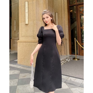 Đầm thiết kế DAISY - BLACK màu đen tay lỡ có dây rút cổ vuông thanh lịch | 𝐉𝐔𝐋𝐈𝐄