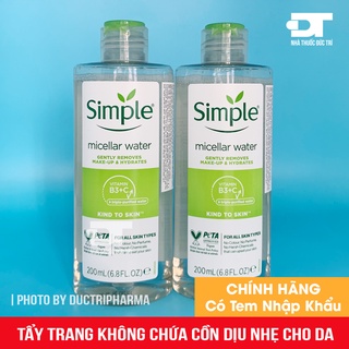 Nước tẩy trang dịu nhẹ không chứa cồn Simple Kind to Skin Micellar Cleansing Water 200ml