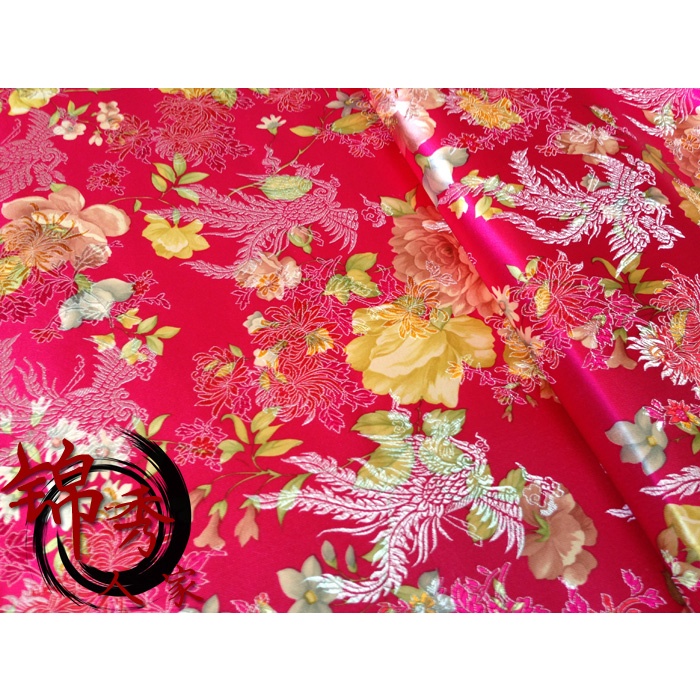 (Cha) Vải gấm Satin hình đuôi hoa mẫu đơn màu đỏ hồng