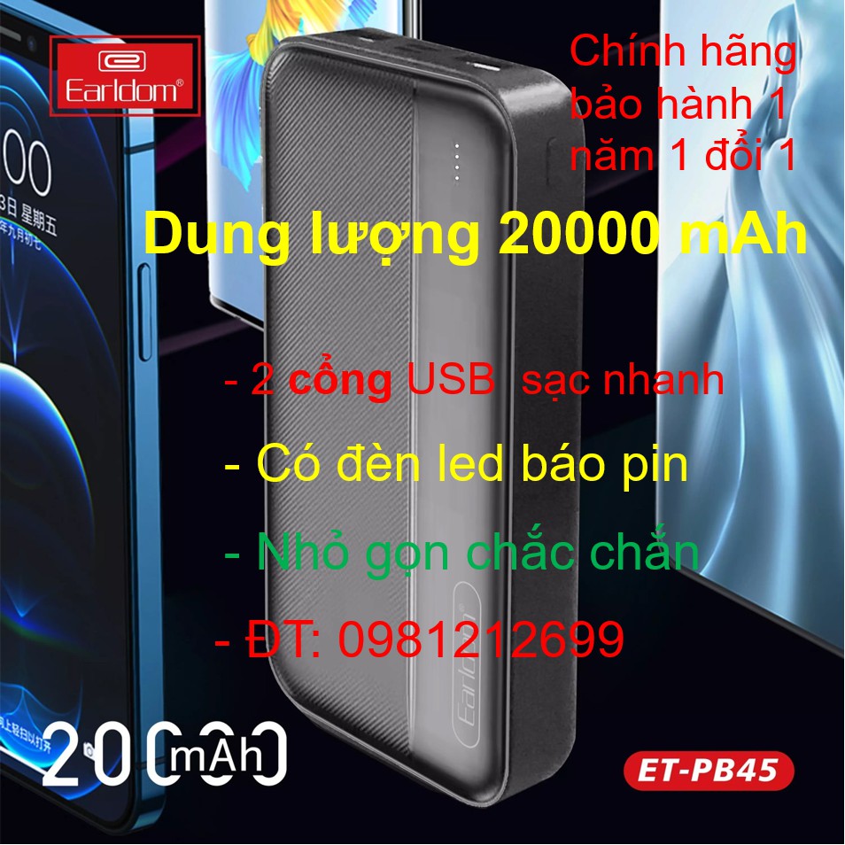 Sạc Dự Phòng Earldom Chính hãng PB45 20000mAh 2 Cổng Sạc Đèn Led - Báo Dung Lượng Cho iPhone Huawei Samsung