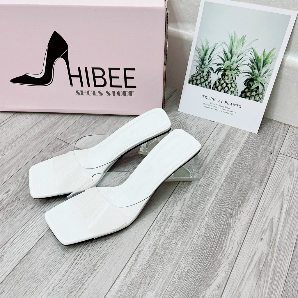 Dép Guốc nữ cao gót quai trong mika da bóng sandal đế tam giác 7cm lên chân siêu xinh HIBEE